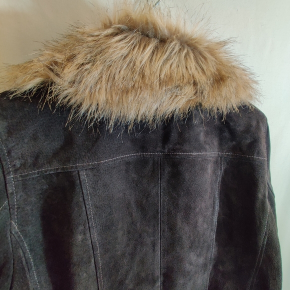 CALSON Brown Suede 100% Leather, Faux Fur Collar Long Sleeve Button Up Jacket L - Picture 7 of 10